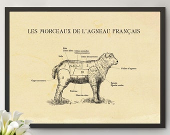 FRENCH Lamb Cuts Chart – Butcher chart All sizes, Etching print, Farmhouse Print, Meat Cut Chart, Prints for Kitchen.