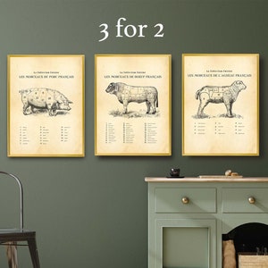 FRANZÖSISCHE Metzgerei Karte als Schaubild, 3für 2, Schautafel, Küche Bauernhaus, Vintage, Food Art