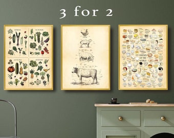 Vintage Kitchen chart prints, 3 for 2, British Meat, Seasonal Vegetable print and World Cheeses, Restaurant print, farmhouse posters