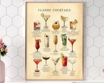 Classic Cocktails Chart Print with recipes: Man cave decor. Measurements are in millilitres.