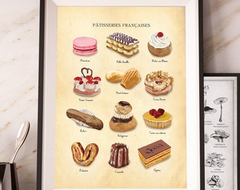 Impresión de pastelería francesa, pasteles franceses famosos, tabla de comida francesa vintage, tabla de pasteles franceses.