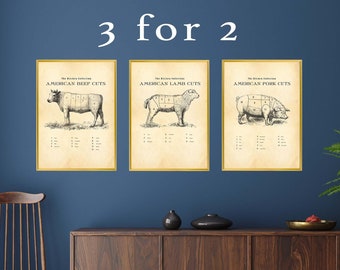 American Butcher chart set, meat cuts diagram, 3 for 2 offer