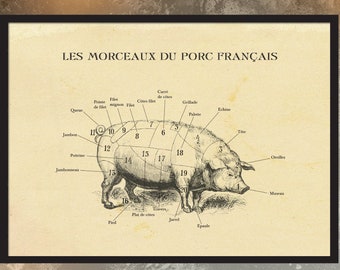 Tabla de cortes de cerdo en FRANCÉS: tabla de carnicería, impresión al aguafuerte, impresión de granja, tabla de cortes de carne, impresión de queso de cocina