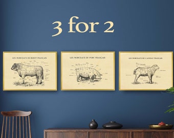 FRENCH Butcher chart  prints, 3 for 2, Meat beef, pork,lamb, Restaurant print, farmhouse posters