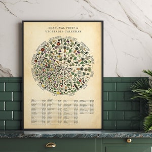 Seasonal UK Fruit & Veg Print, Monthly vegetable Chart, vintage food art, Botanical print, All sizes and three background options