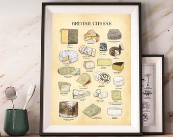 Poster di formaggi BRITANNICI, arte del formaggio, formaggio vintage, amante del cibo, arte del ristorante