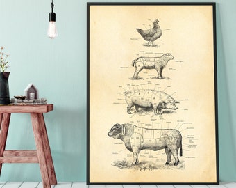 Impression de carte de boucher FRANÇAIS, diagramme de coupes de viande, impression de cuisine de ferme, art de boucher