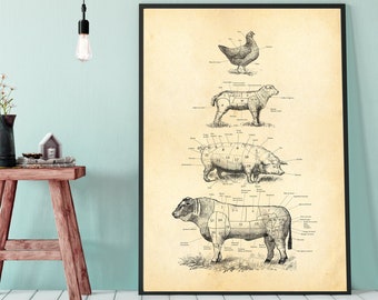 Impresión de cuadro de carnicero francés, diagrama de cortes de carne, impresión de cocina de granja, arte de carnicero