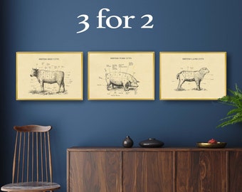 BRITISH Butcher chart  prints, 3 for 2, Meat beef, pork,lamb, Restaurant print, farmhouse posters