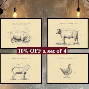 American Farmhouse Butcher chart Prints, Country Kitchen Decor, Set of 4