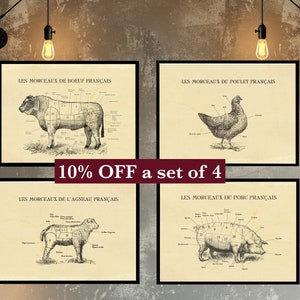 フランスの肉屋のプリント4枚セット、肉屋のカット図表、10% オフセール、農場の動物