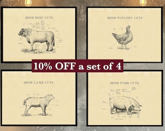 IRISH Butcher chart prints set of 4, Etching style, 10% off
