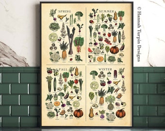 AMERICAN NE Cartel de frutas y verduras de temporada, Gráfico de verduras, Arte botánico, Impresión de granja,