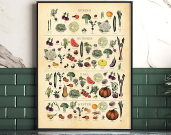 AMERICAN SW Seasonal Fruit and Veg poster, Vegetable Chart, Botanical art, Farmhouse Print, ALL sizes