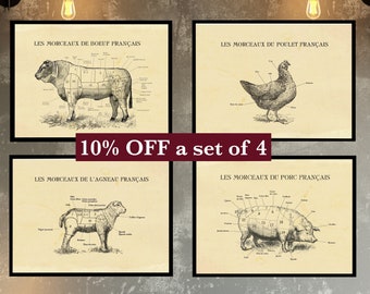 FRENCH Butcher prints set of 4, Butcher cuts diagram chart, 10% off sale, Farm animals
