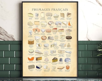 Vintage FRENCH cheese print, Food Art, Farmhouse Wall Art, Kitchen print