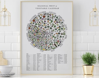 Seasonal UK Fruit & Veg Print, Monthly vegetable Chart, vintage food art, Botanical print, All sizes and three background options