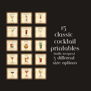 Juego de 15 impresiones de cócteles para pared, decoración de carrito de bar, impresiones de cócteles Art Déco, imprimibles digitales