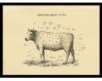Silk Poster Retail Beef Cuts Vintage Butcher Animal Chart Steaks B-415