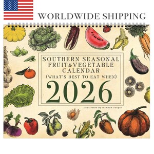 May include: A spiral-bound calendar featuring illustrations of various fruits and vegetables. The calendar is titled "Southern Seasonal Fruit & Vegetable Calendar 2026" and includes illustrations of a pumpkin, watermelon, and eggplant. The American flag is in the upper left corner.