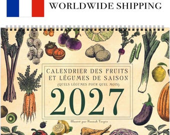 Calendário francês de 2027 com frutas e vegetais da estação.