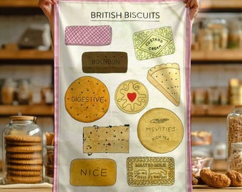 Paño de cocina de galletas británicas, paño de cocina de algodón orgánico del Reino Unido, regalo para amantes de las galletas, ilustración de una lata de galletas vintage