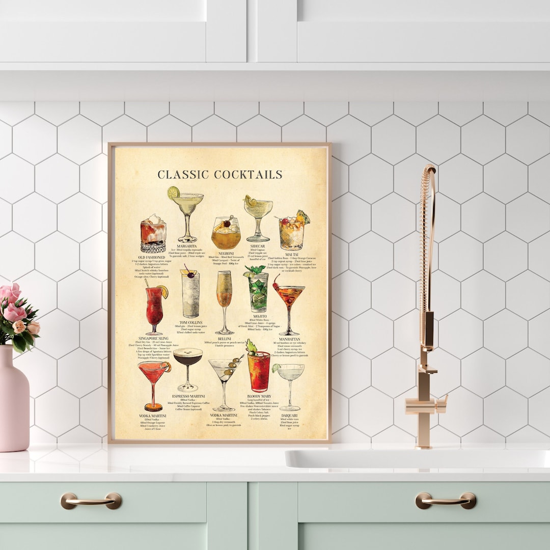 Classic Cocktails Chart Print With Recipes: Man Cave Decor ...