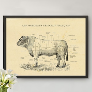 FRANZÖSISCHE Beef Cuts Druck - Vintage Metzgerschnitte Poster, Alle Größen. Küchen Deko für die Küche, Fleisch Cut Chart.
