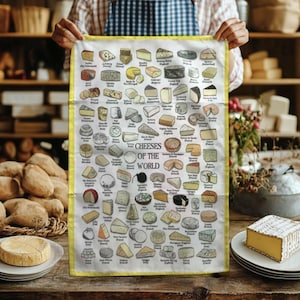 May include: A white kitchen towel with a yellow border featuring a grid of various cheese illustrations and the text Cheeses of the World. The design displays numerous types of cheese with their names and countries of origin printed below.