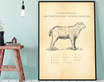 FRANZÖSISCH: Lamm Metzgerei Karte PORTRAIT, Schnittbild Lamm, Metzgerei Poster,