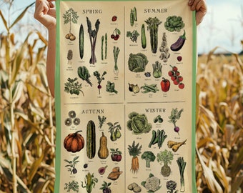 Vintage botanische groenten- en fruittheedoek, keukendoek van biologisch katoen, VK, seizoensgids, tuincadeau