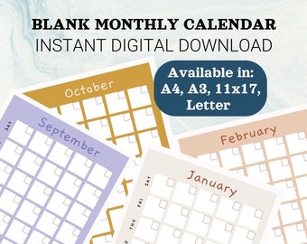 Printable Blank Calendar Monthly Planner,A4, Letter, 11x17",A3 Sun-Sat Start, Minimalist, Download,Digital PDF