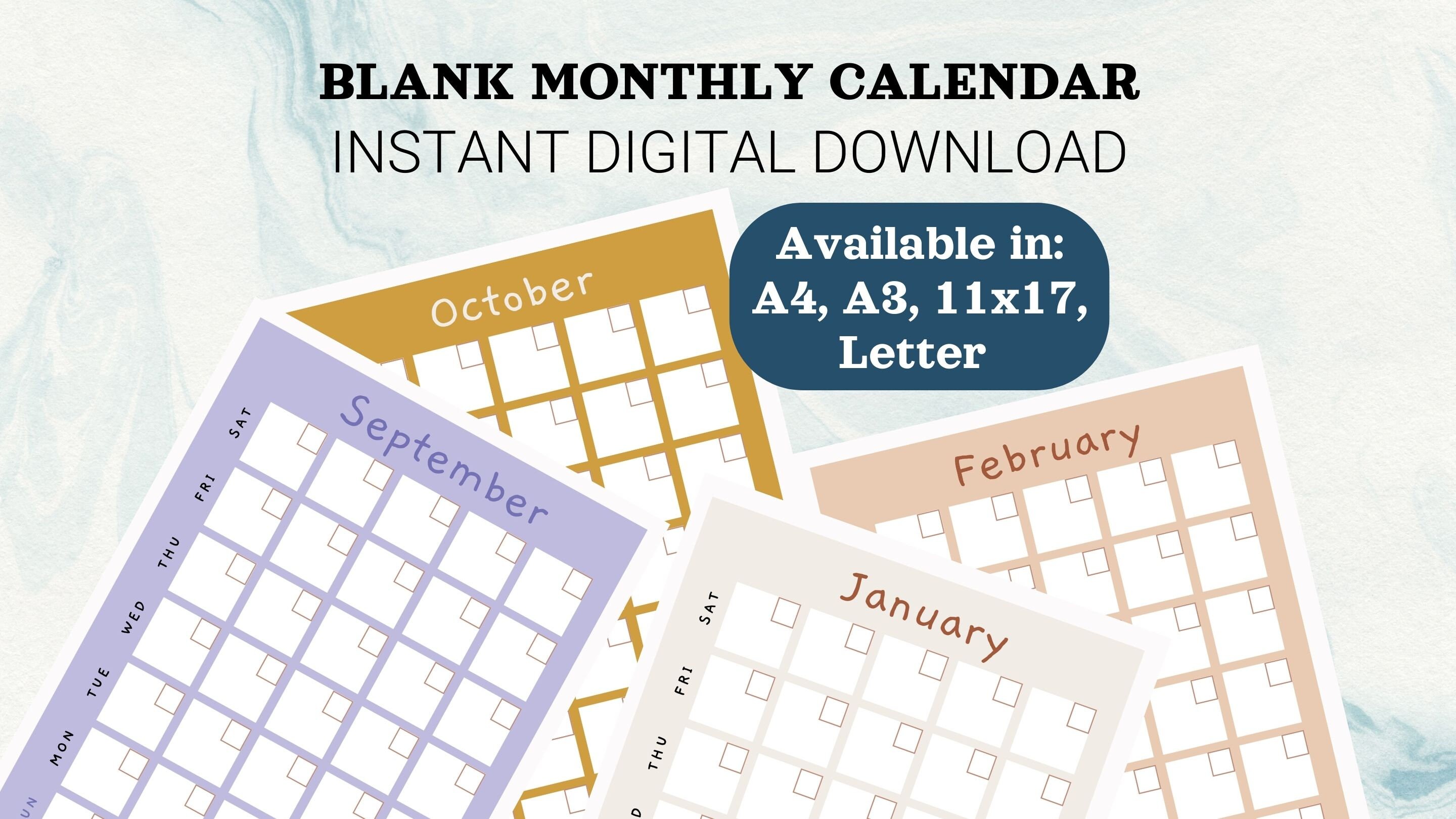 Printable Blank Calendar Monthly Planner,a4, Letter, 11x17,a3 Sun-sat  Start, Minimalist, Download,digital PDF - Etsy