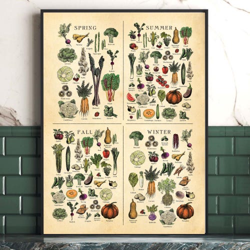 Affiche de fruits et légumes de saison AMERICAN NE, tableau de légumes, art botanique de style vintage,