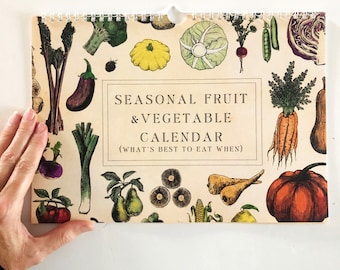 UK Seasonal calendar, A4 (dateless) Fruit and Vegetable Wall calendar, Cottagecore, FSC certified