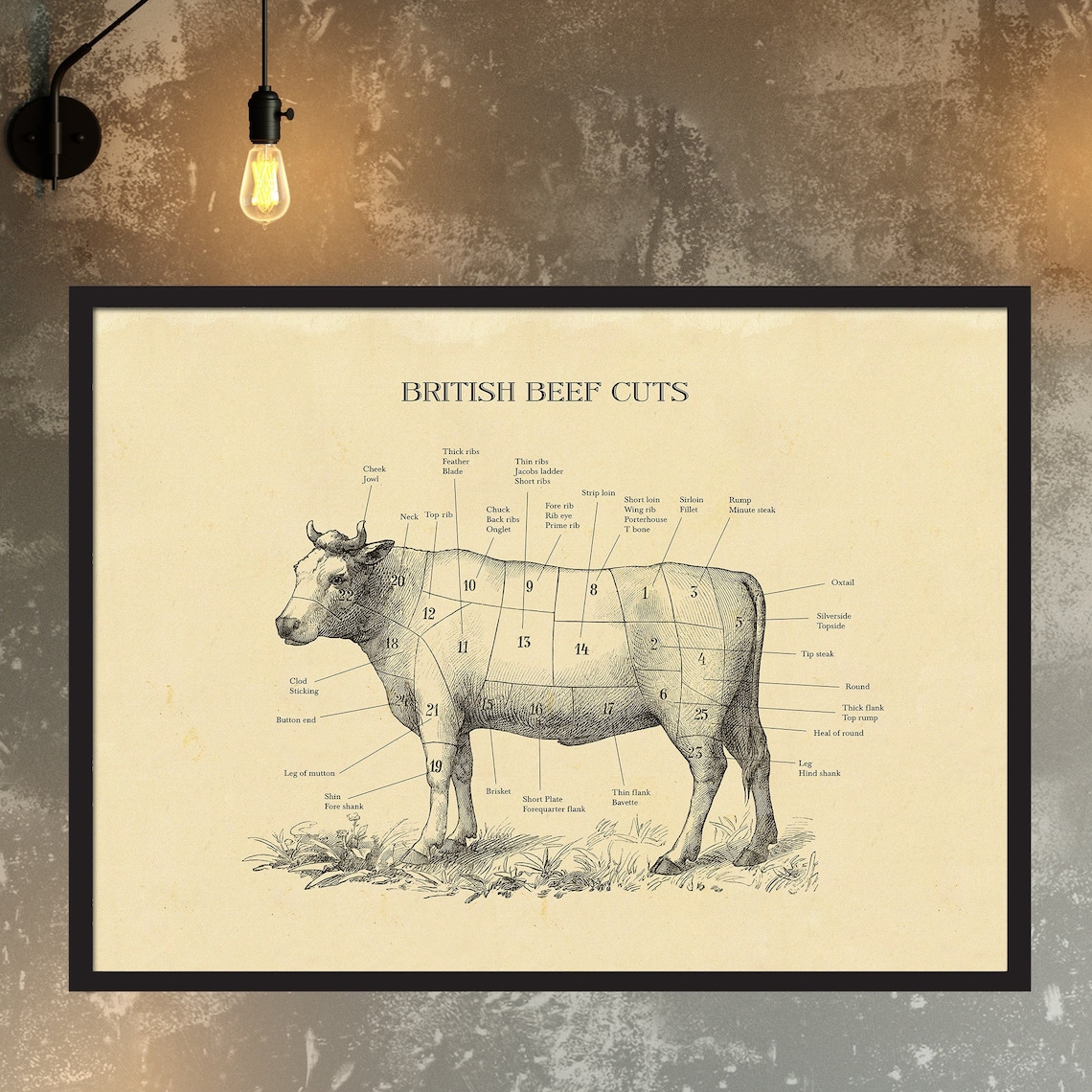BRITISH Beef Cut Cow Print Butcher Chart Vintage Etching - Etsy