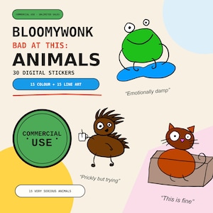 Könnte beinhalten: Ein digitales Aufkleber-Set mit dem Titel BLOOMYWONK BAD AT THIS: ANIMALS mit 30 Stickern, 15 in Farbe und 15 als Strichzeichnung. Die Illustrationen zeigen einen grünen Frosch, ein braunes Wesen und eine Katze mit den jeweiligen Beschriftungen.