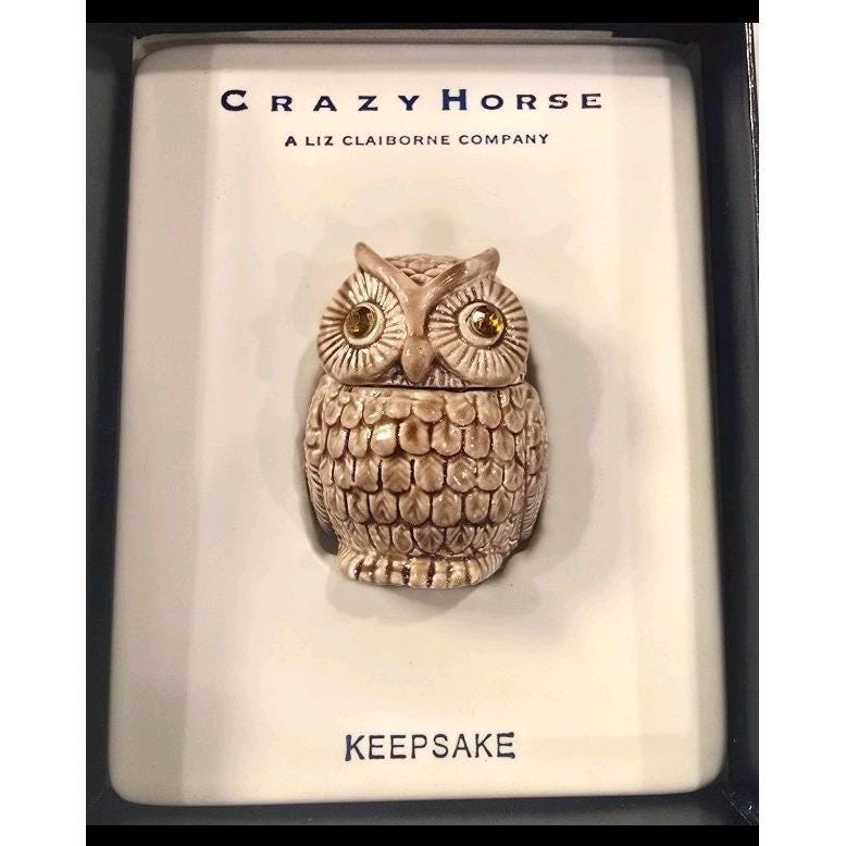 Vintage Liz Claiborne Crazy Horse Owl Keepsake Trinket Box Rhinestone Eyes