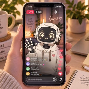 May include: A smartphone screen displaying a live stream featuring an animated robot character named Lumi wearing a white hoodie. The interface includes chat messages from users, heart icons, a live indicator, and a text input field at the bottom.