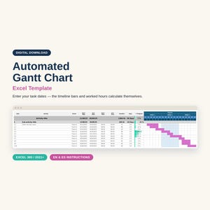 Puede incluir: Una plantilla de Excel de diagrama de Gantt automatizado para descarga digital. La interfaz muestra columnas para actividad, propietario, fechas, duración y porcentajes de progreso, con una línea de tiempo visual y calendario.