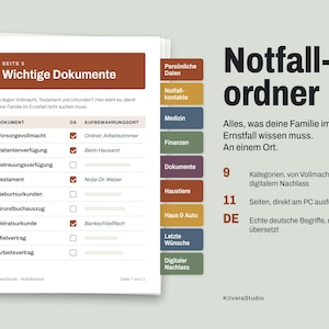 Puede incluir: Una plantilla de carpeta de emergencia digital con una página titulada Wichtige Dokumente y una lista de verificación de documentos legales. El diseño incluye pestañas laterales de colores con categorías como Medizin y Finanzen, además de texto que detalla 9 categorías y 11 páginas.