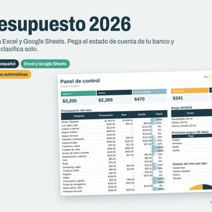 Könnte beinhalten: Eine digitale Budgetplaner-Vorlage für Excel und Google Sheets mit dem Titel Presupuesto 2026. Die Benutzeroberfläche zeigt ein Kontrollpanel mit Finanzdaten, einschließlich Einnahmen, Ausgaben, Sparraten und einer detaillierten monatlichen Budgettabelle.
