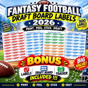 May include: A set of 300 Fantasy Football 2026 draft board labels featuring player names on red, blue, green, and orange rectangular stickers. The graphic includes text reading Fantasy Football Draft Board Labels 2026, Print. Peel. Stick. Draft.
