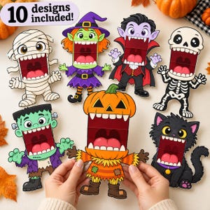 Pode incluir: Um conjunto de sete recortes de papel de Halloween com uma múmia, bruxa, vampiro, esqueleto, monstro de Frankenstein, espantalho de abóbora e gato preto, cada um com a boca aberta e o texto 10 designs included.