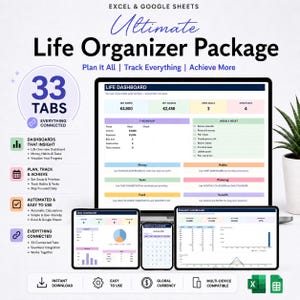 Puede incluir: Una plantilla digital Ultimate Life Organizer Package para Excel y Google Sheets que incluye un panel de control de vida, tareas, calendario mensual y finanzas. La interfaz muestra 33 pestañas, métricas financieras, listas de tareas y gráficos de progreso para realizar un seguimiento de objetivos, hábitos y dinero.