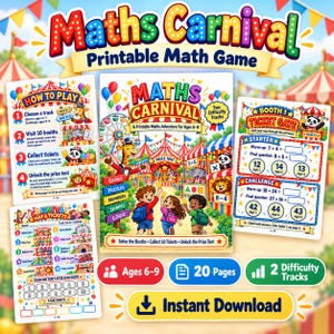Op de afbeelding: Een printbaar Maths Carnival rekenspel voor kinderen van 6-9 jaar, met een kleurrijke omslag met een giraf en kinderen, een instructieblad, een carnavalskaart voor het bijhouden van tickets en een werkblad voor Booth 1.