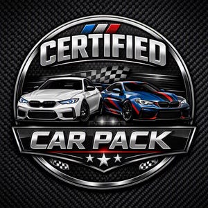 May include: A circular metallic emblem featuring the text CERTIFIED CAR PACK in bold silver lettering. The design includes a white car and a blue car with red stripes, a checkered flag background, and three small stars at the bottom centre.