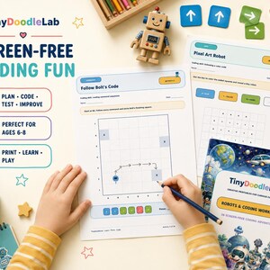 May include: A screen-free coding activity set featuring a TinyDoodleLab workbook, two printed worksheets titled Follow Bolt's Code and Pixel Art Robot, a small wooden robot figure, colored pencils, and directional arrow tiles for educational play.