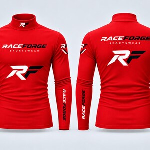 May include: A bright red long-sleeve mock neck shirt shown from the front and back. The shirt features the text RACEFORGE SPORTSWEAR and a large RF logo in white and black on the chest and back, with additional branding on the sleeves and neck.