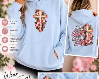 Bluza z kapturem o tematyce religijnej | Bluza z kapturem z motywem religijnym | Bluza z kapturem z motywem chrześcijańskim i kwiatowym krzyżem | Bluza z kapturem o tematyce religijnej